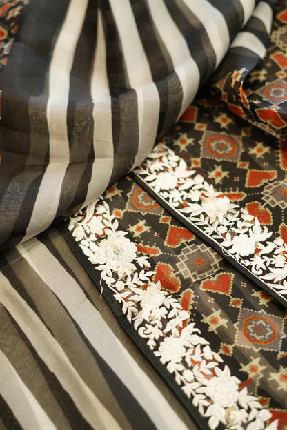 Black Pure Silk Organza Suit with Parsi Embroidery