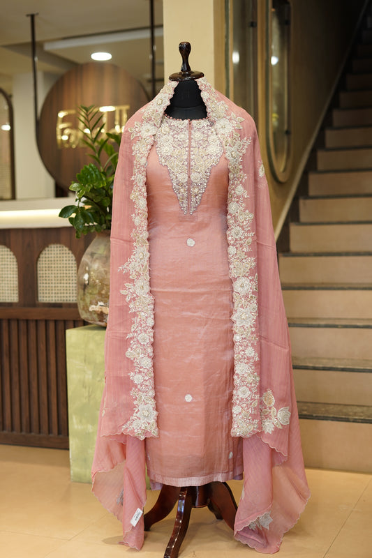 Pink Pure Silk Tissue Suit with Handwork