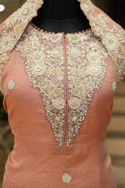 Pink Pure Silk Tissue Suit with Handwork