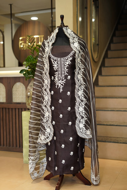 Dark Brown Pure Silk Organza Suit with Parsi Embroidery