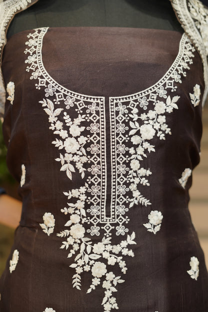 Dark Brown Pure Silk Organza Suit with Parsi Embroidery