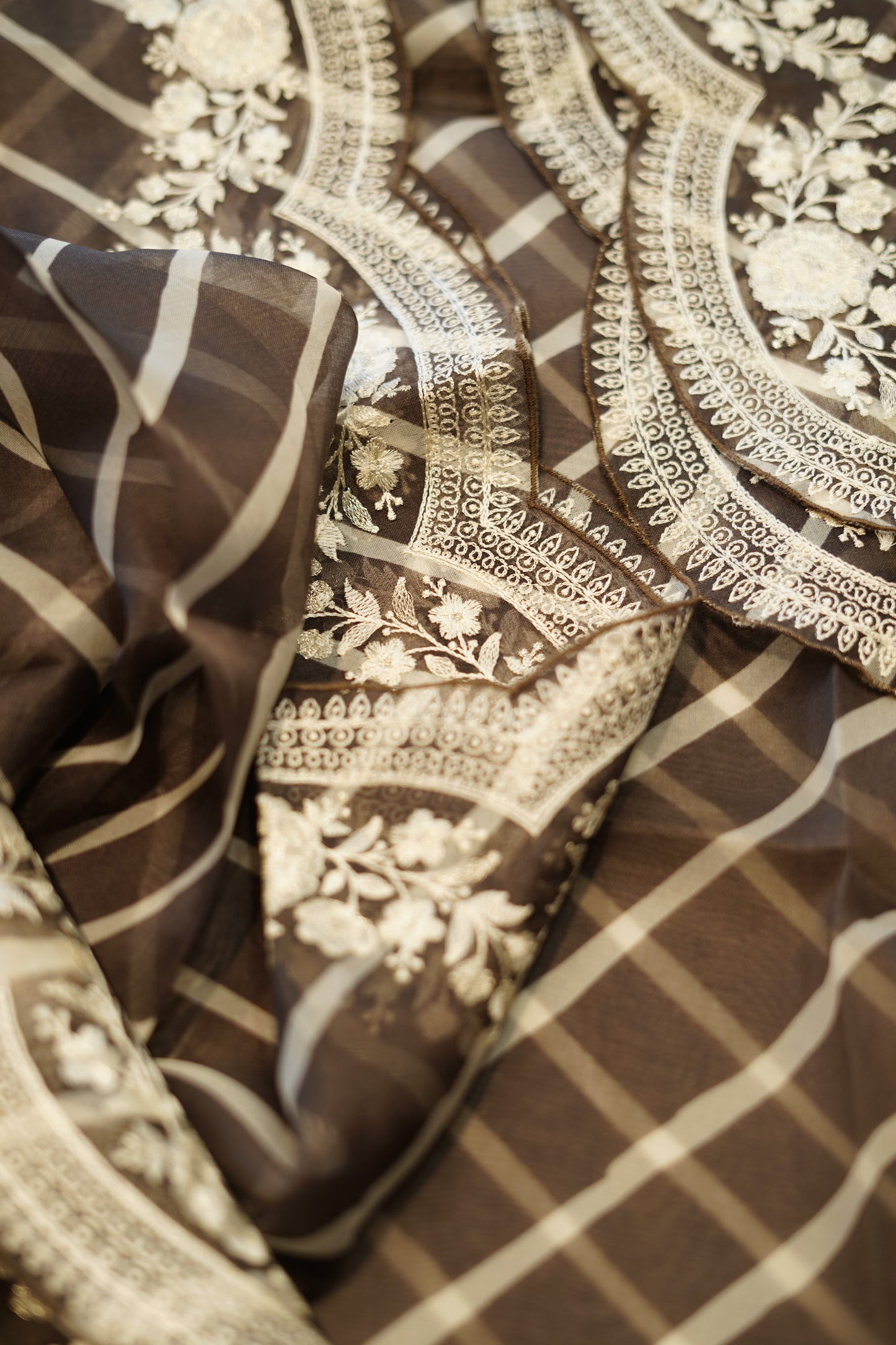 Dark Brown Pure Silk Organza Suit with Parsi Embroidery