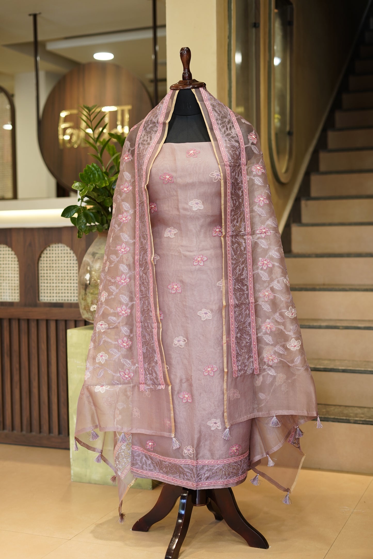 Wine Pure Organza Suit with Embroidery