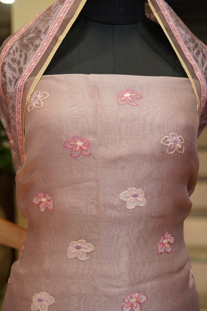 Wine Pure Organza Suit with Embroidery