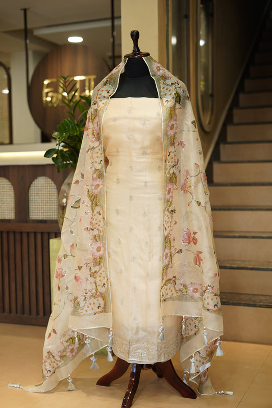 Cream Pure Silk Organza Suit with Zari Embroidery