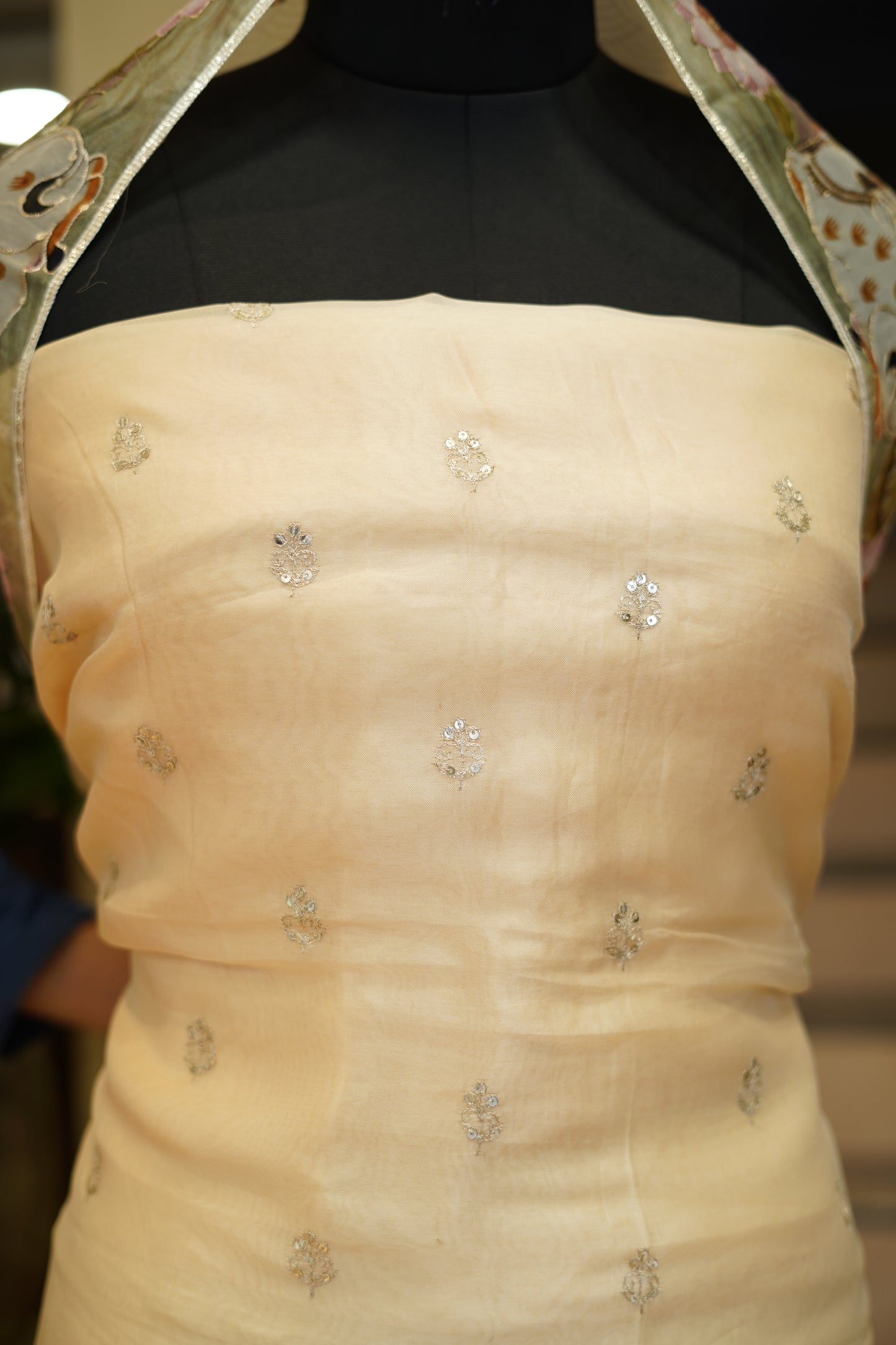 Cream Pure Silk Organza Suit with Zari Embroidery