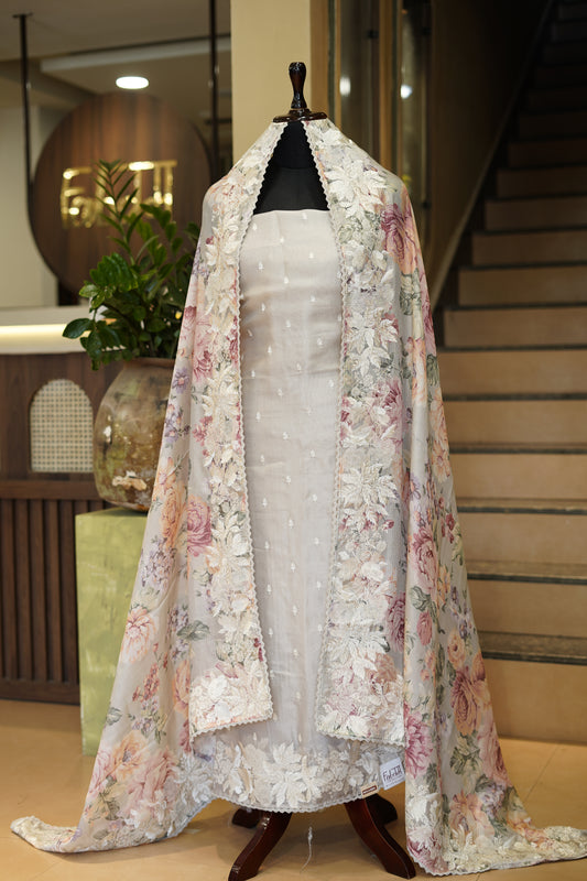 English Grey Pure Silk Organza suit with Embroidery