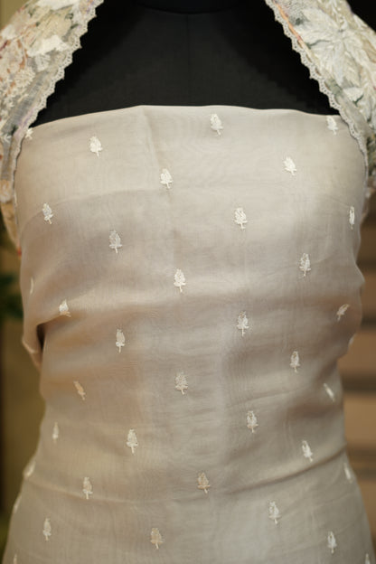 English Grey Pure Silk Organza suit with Embroidery