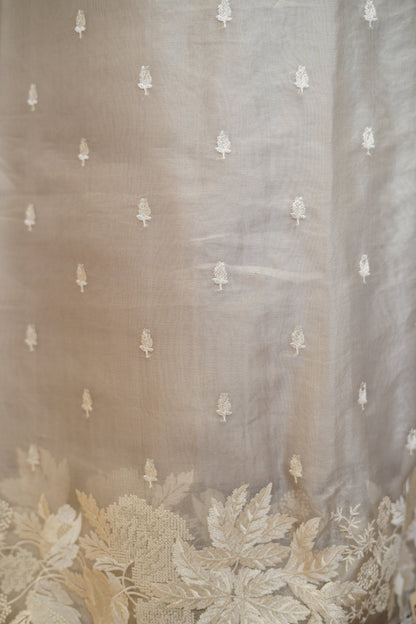 English Grey Pure Silk Organza suit with Embroidery