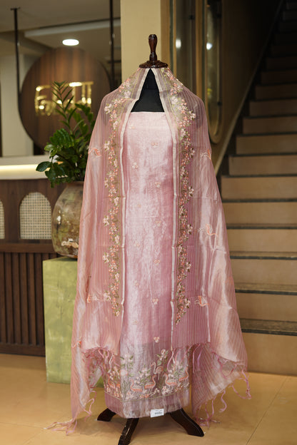Pink Pure Silk Tissue Suit with Bird Embroidery