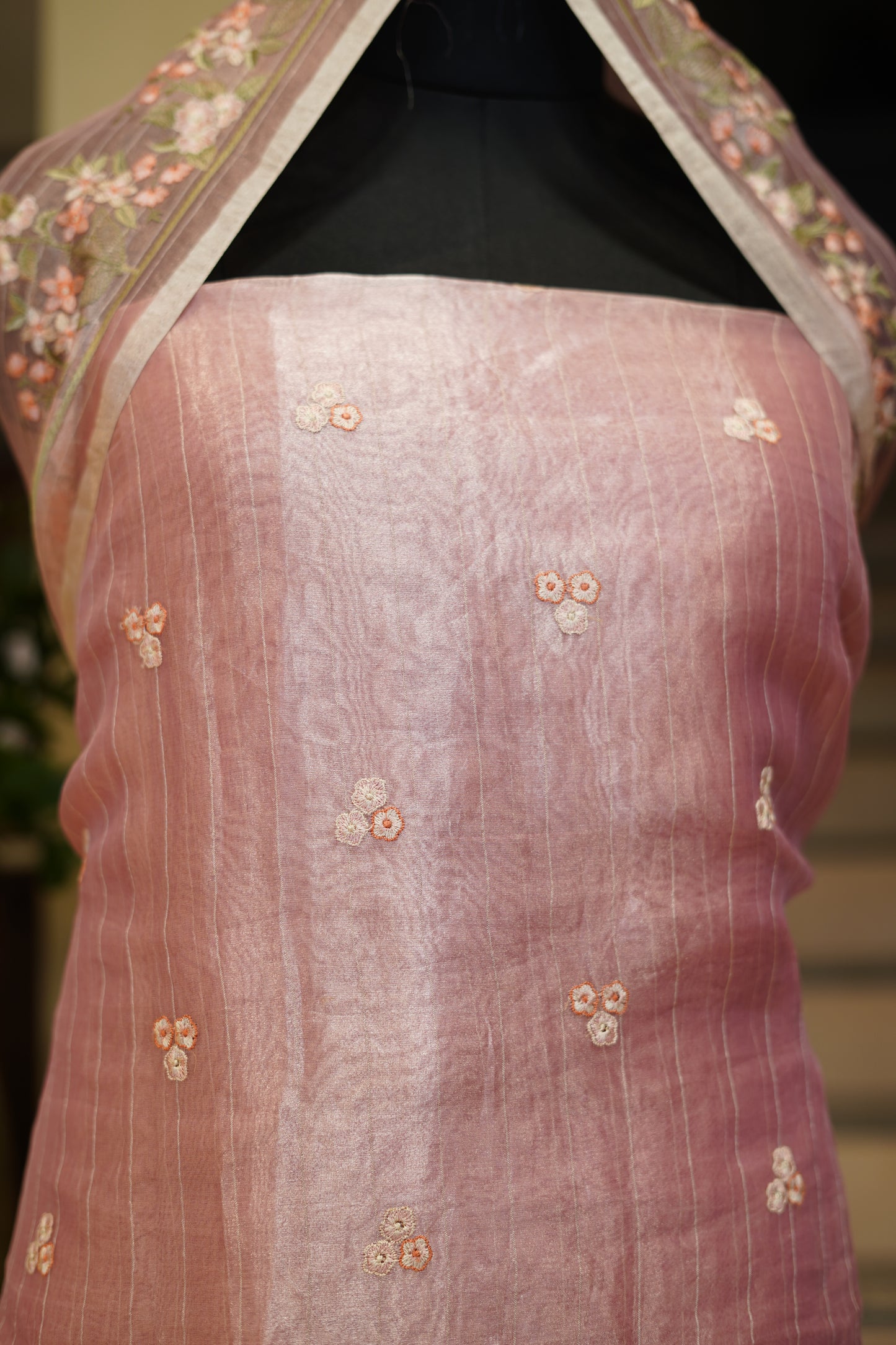Pink Pure Silk Tissue Suit with Bird Embroidery