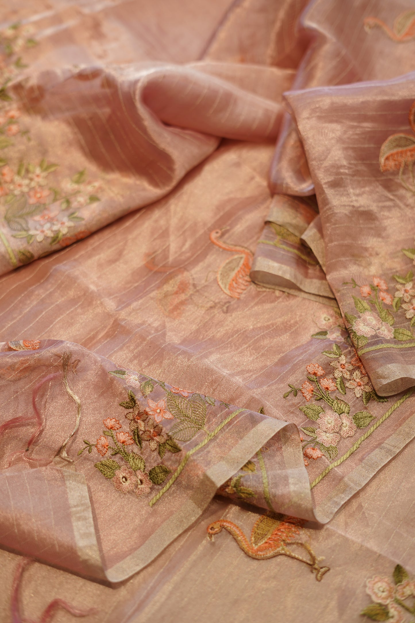 Pink Pure Silk Tissue Suit with Bird Embroidery