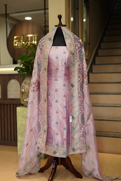 Purple Pure Silk Tissue Suit with Pure Zari Embroidery