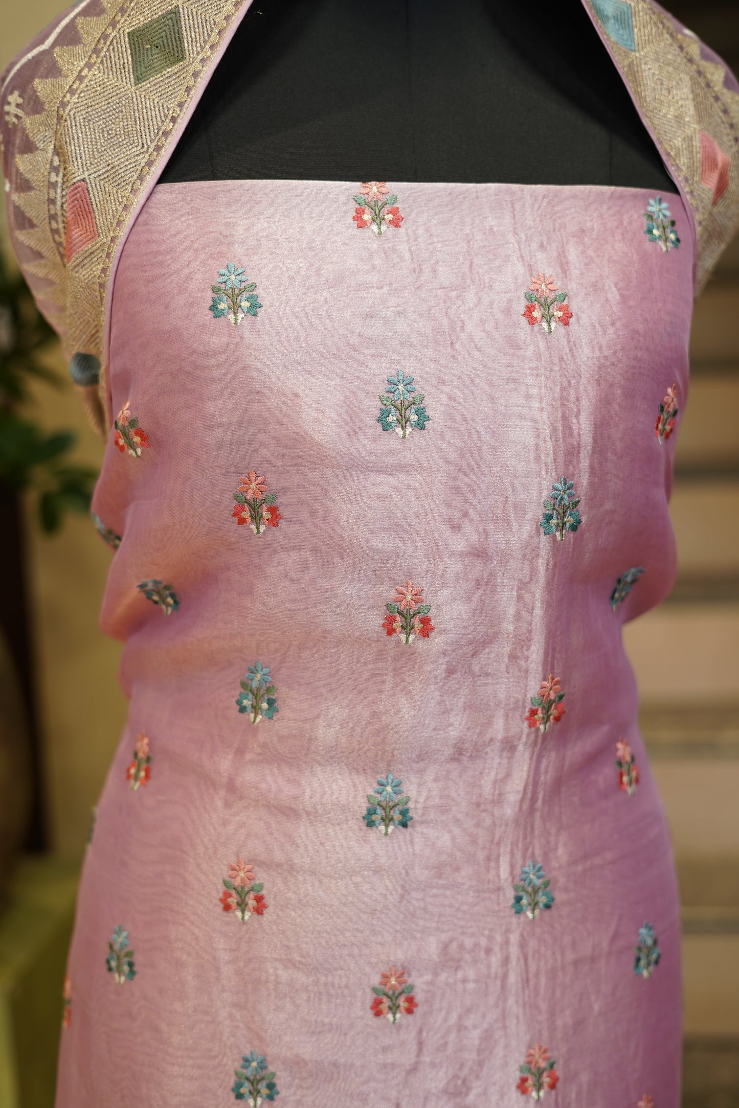 Purple Pure Silk Tissue Suit with Pure Zari Embroidery