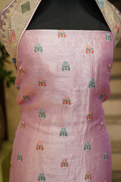 Purple Pure Silk Tissue Suit with Pure Zari Embroidery