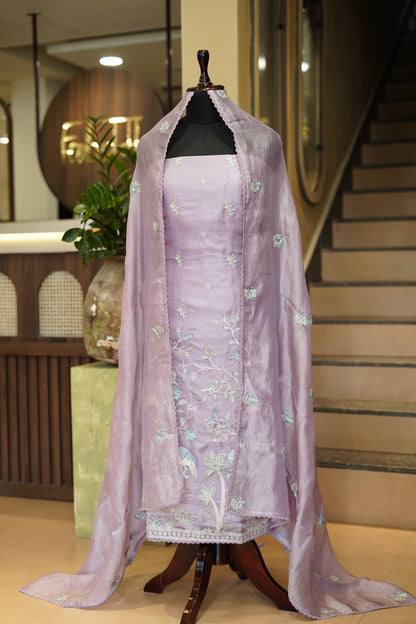 Lavender Pure Silk Organza Suit with Embroidery