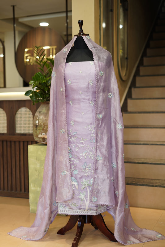 Lavender Pure Silk Organza Suit with Embroidery