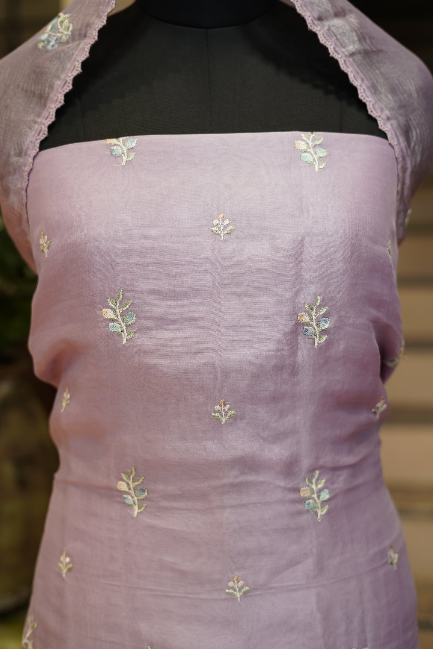 Lavender Pure Silk Organza Suit with Embroidery