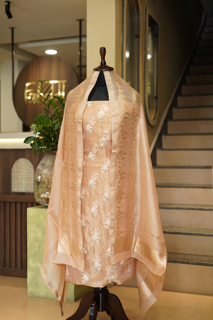 Golden Pure Silk Tissue Suit with Silk Embroidery