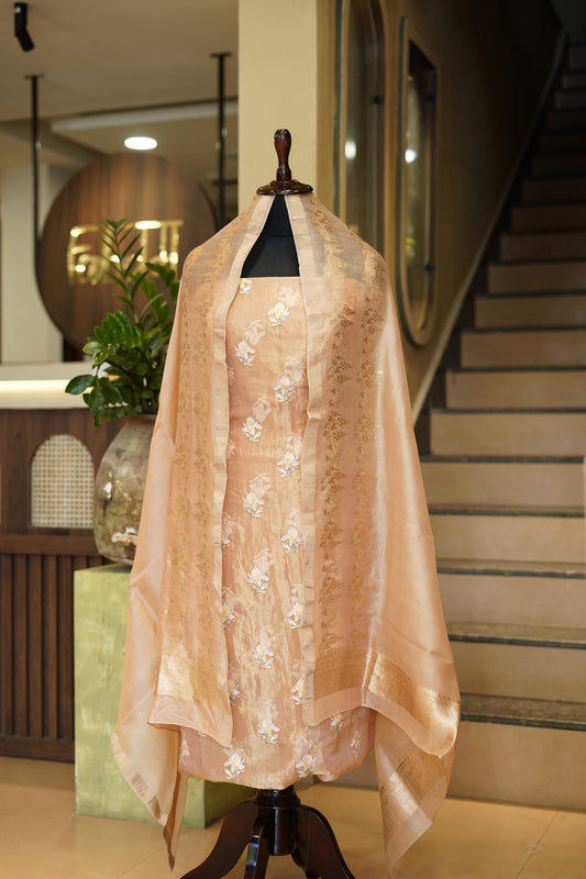 Golden Pure Silk Tissue Suit with Silk Embroidery