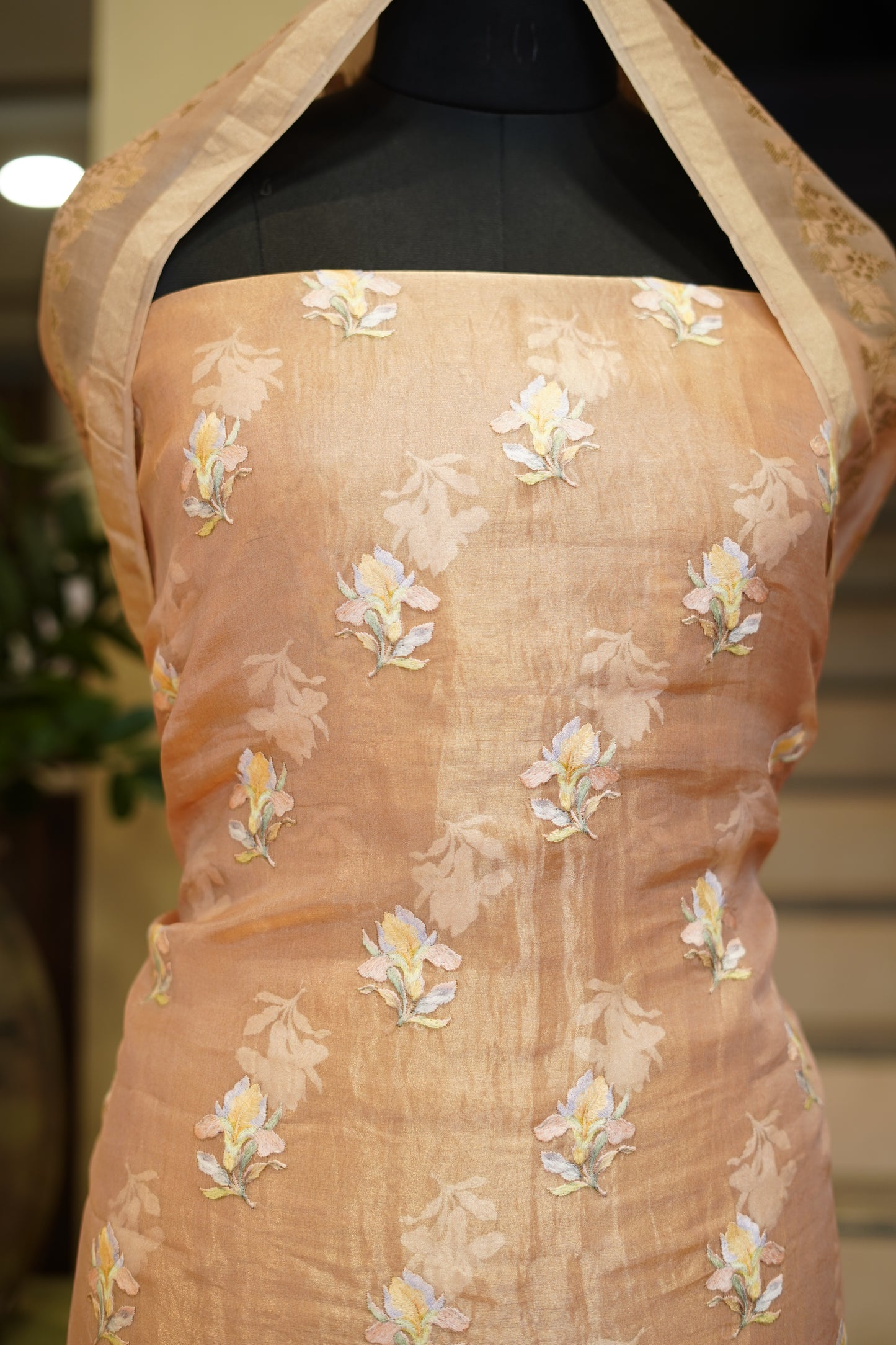Golden Pure Silk Tissue Suit with Silk Embroidery